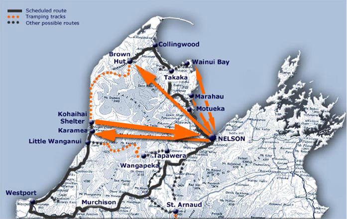 Heaphy Bus Route Map to Golden Bay & West Coast